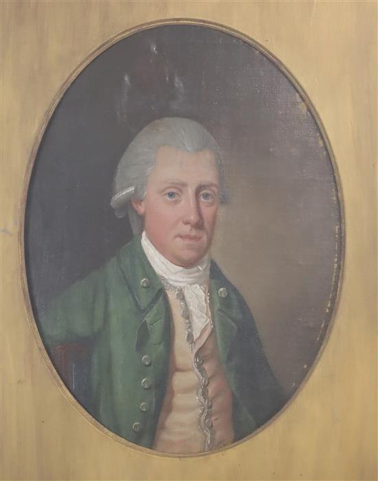 English School (late 18th century) Head and shoulder portrait of a gentleman wearing a powdered wig 12.25 x 9.25in.